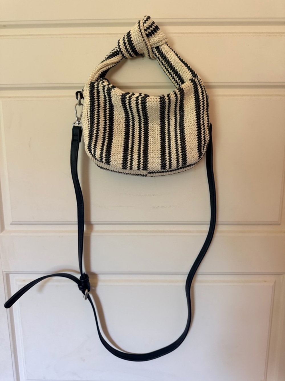 Striped Black and Cream Woven Shoulder Bag with Knotted Handle